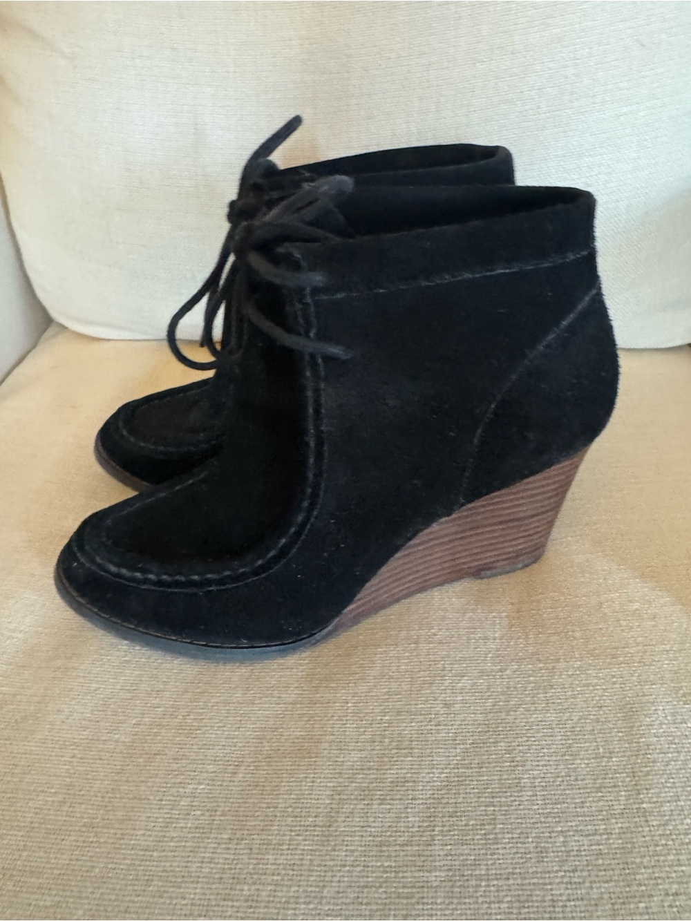 Lucky Brand Black Suede Lace-Up Wedge Ankle Boots